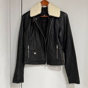Hollister Black Leather Jacket with Removable Collar
